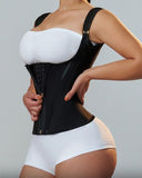 Colombian waist trainer vest with front zipper, gold accents, and steel ribs for shaping and support
