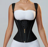 Colombian waist trainer vest with gold zippers, adjustable compression, and 15 steel ribs for shaping and support